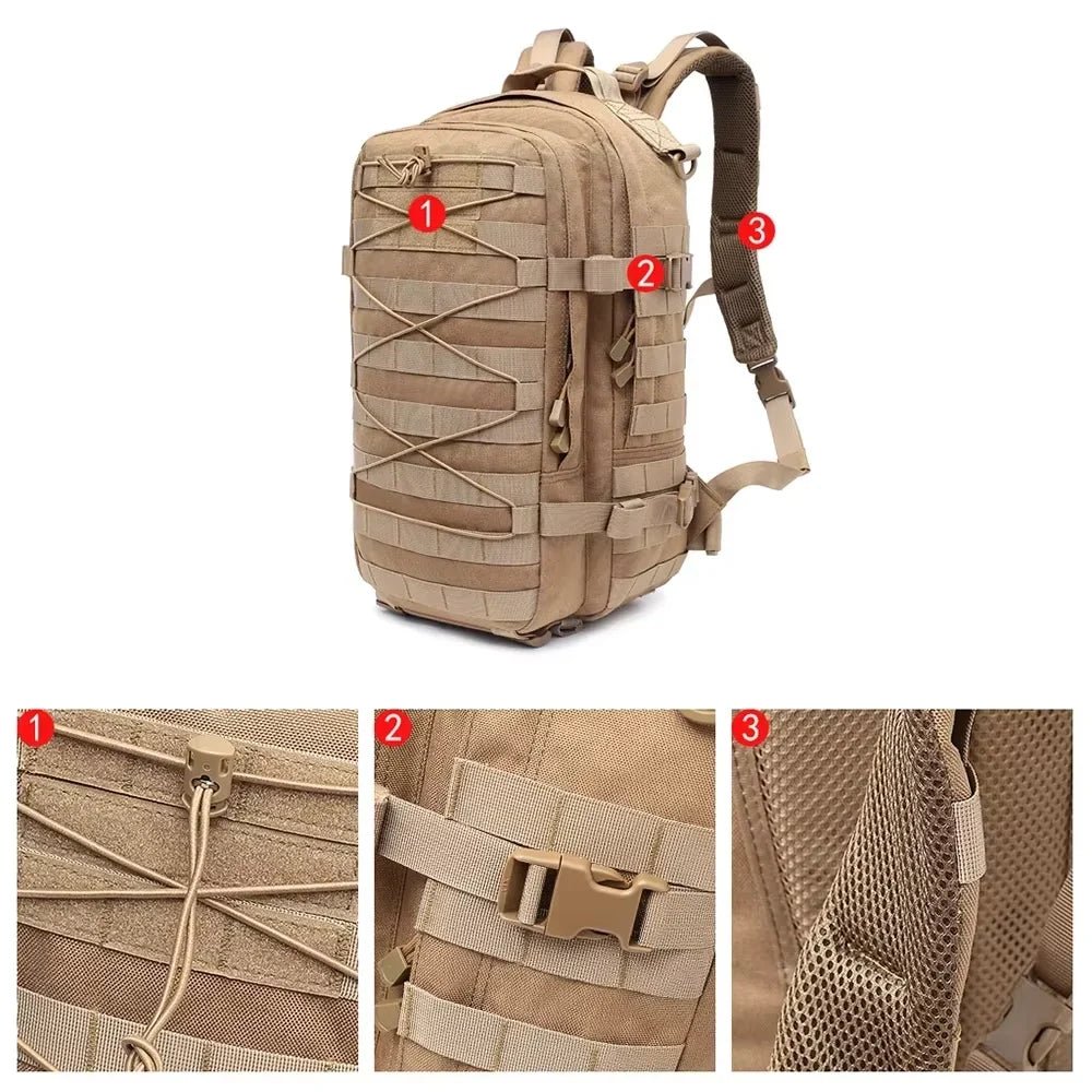 Sac à dos militaire 25L Molle 1000D avec cordons elastiques, webbing MOLLE et bretelles rembourrées