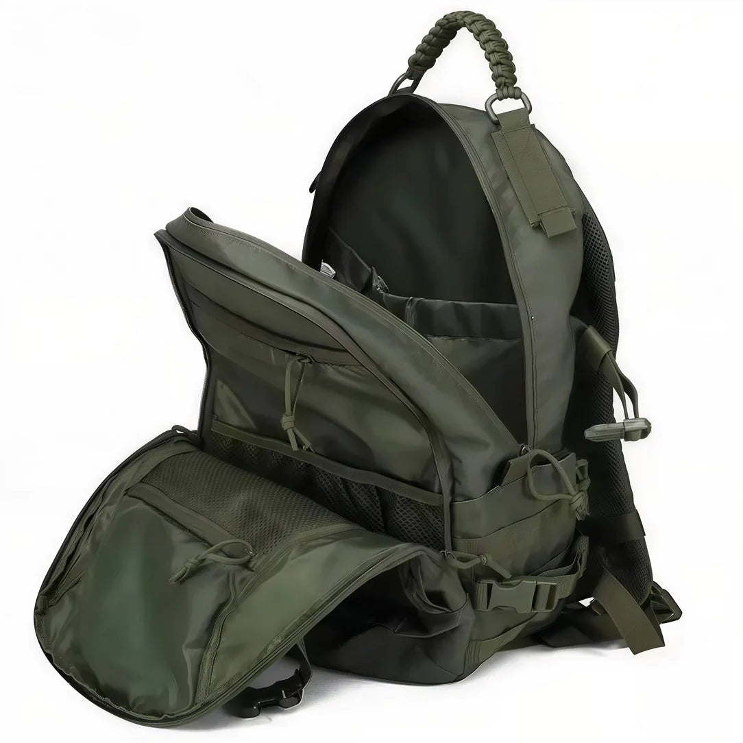 Sac à dos militaire 35l vert olive tactique avec multiples compartiments et poignée tressée