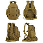 Quatre vues d’un sac à dos militaire 40l tan avec plusieurs compartiments et bretelles ajustables