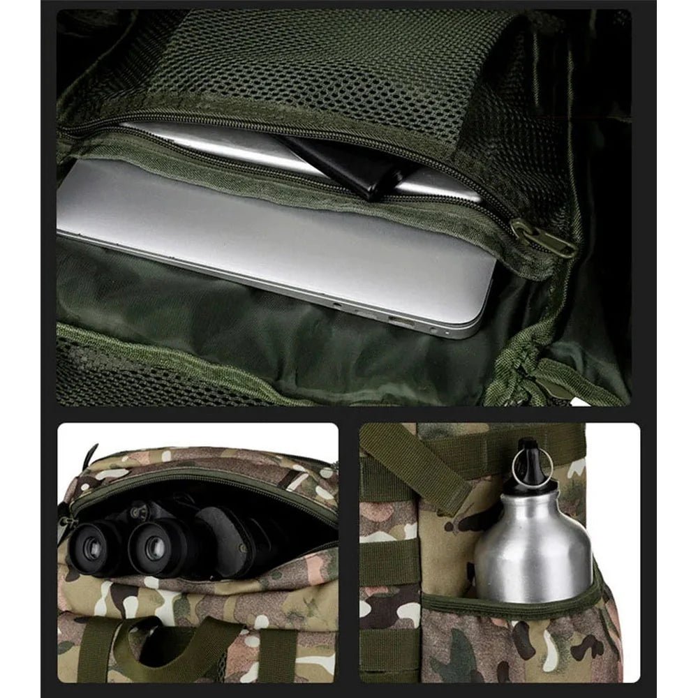 Sac à dos militaire 60L camouflage avec compartiments pour ordinateur, jumelles et bouteille d’eau