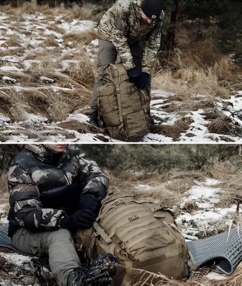 Sac à dos militaire 70L 600D tan avec porte-outils et sangles externes robustes
