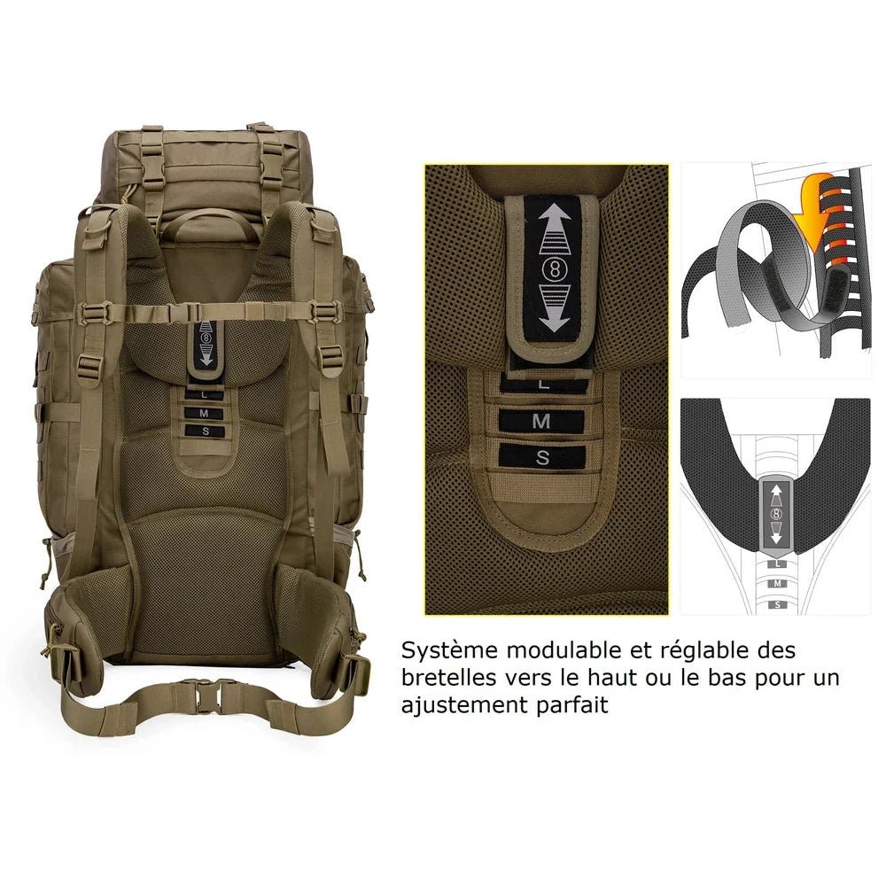 Sac à dos militaire 70L 600D réglable khaki avec multiples compartiments pour randonnée