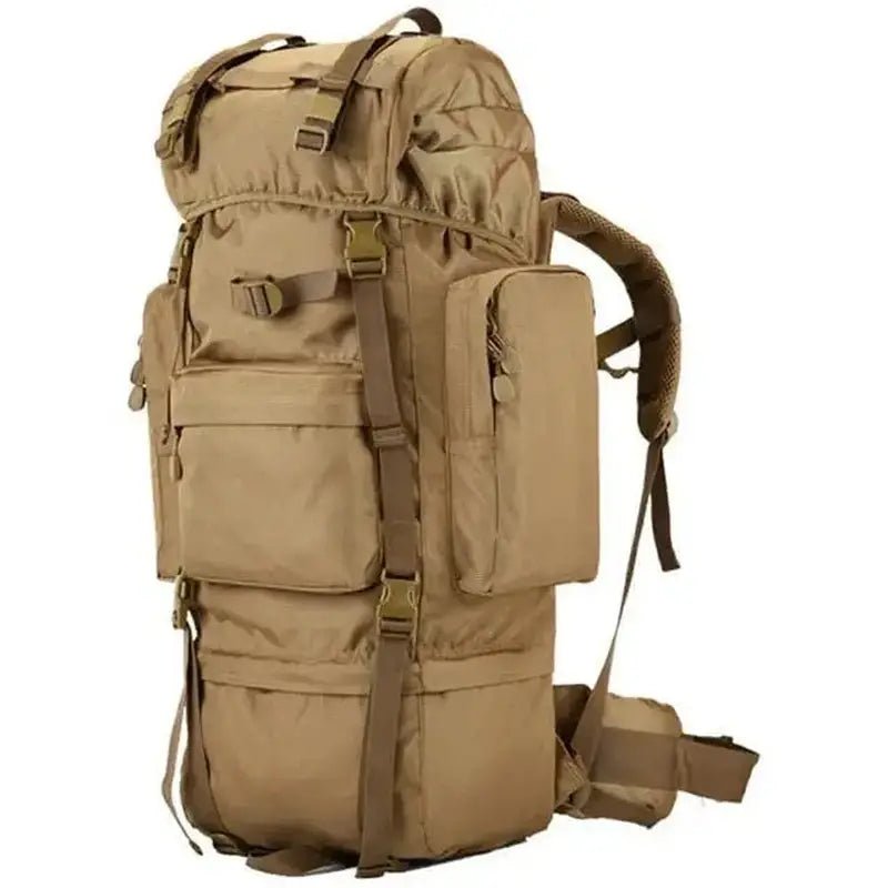 Sac à dos militaire 70l beige tactique avec plusieurs compartiments et sangles