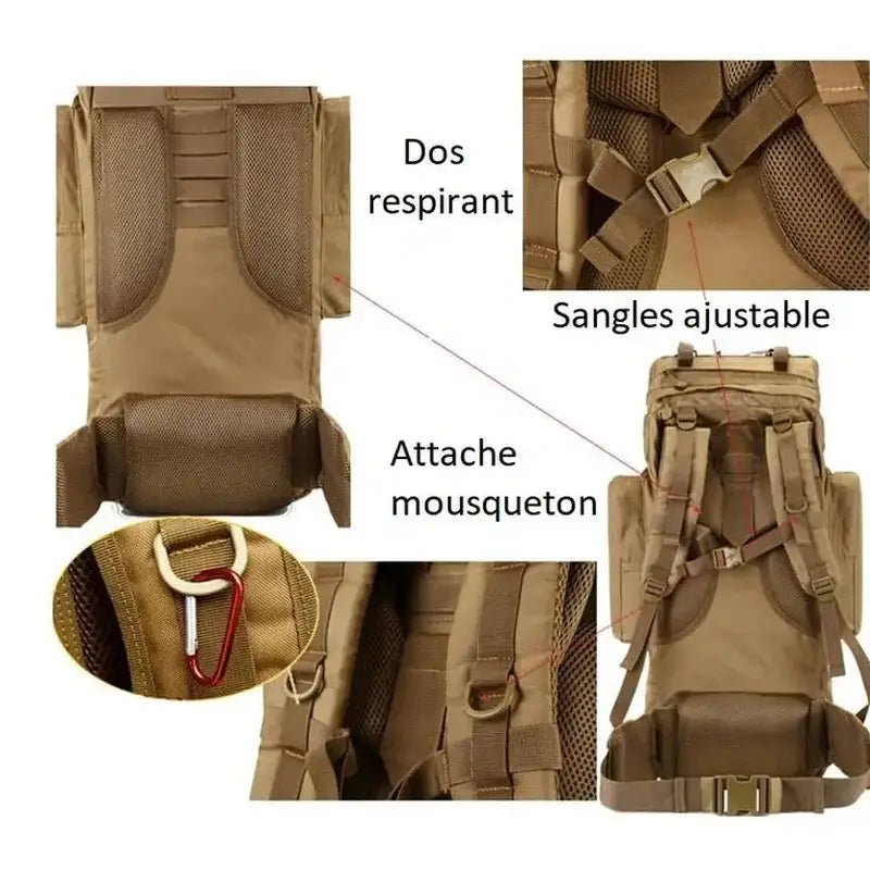 Sac à dos militaire 70l en cuir marron avec dos respirant, bretelles ajustables et attaches