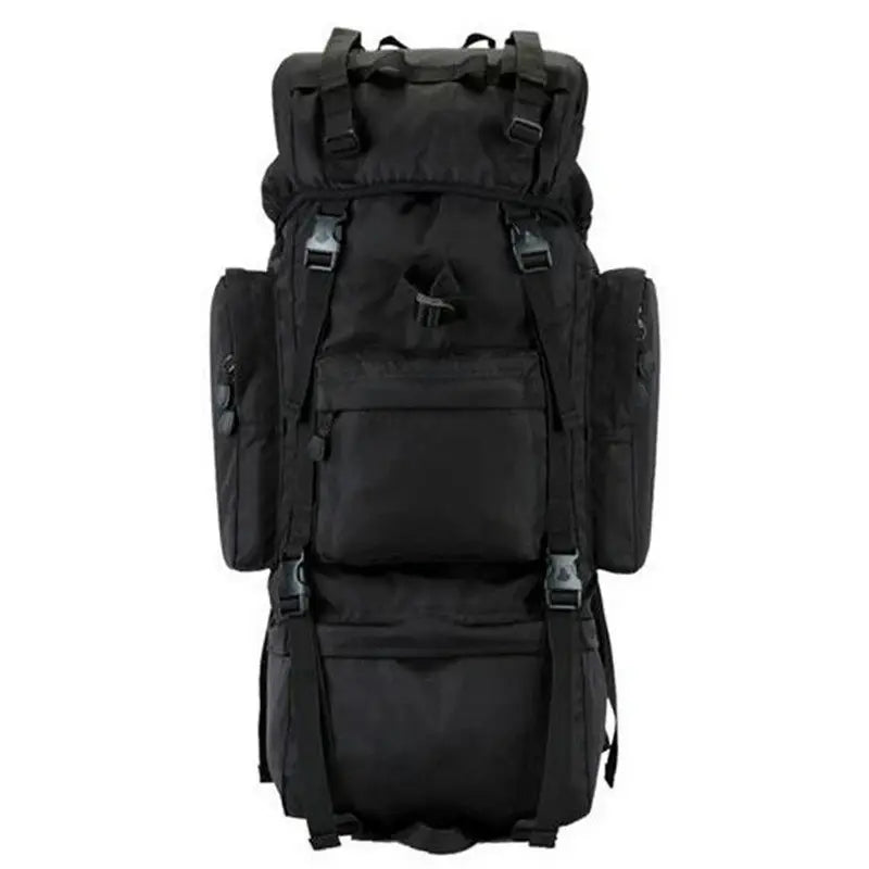Sac à dos militaire 70l noir avec plusieurs compartiments et sangles pour randonnée