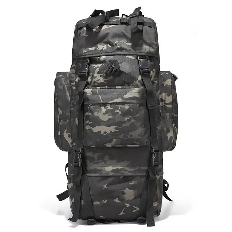 Sac à dos militaire 70l avec motif camouflage, plusieurs compartiments et sangles