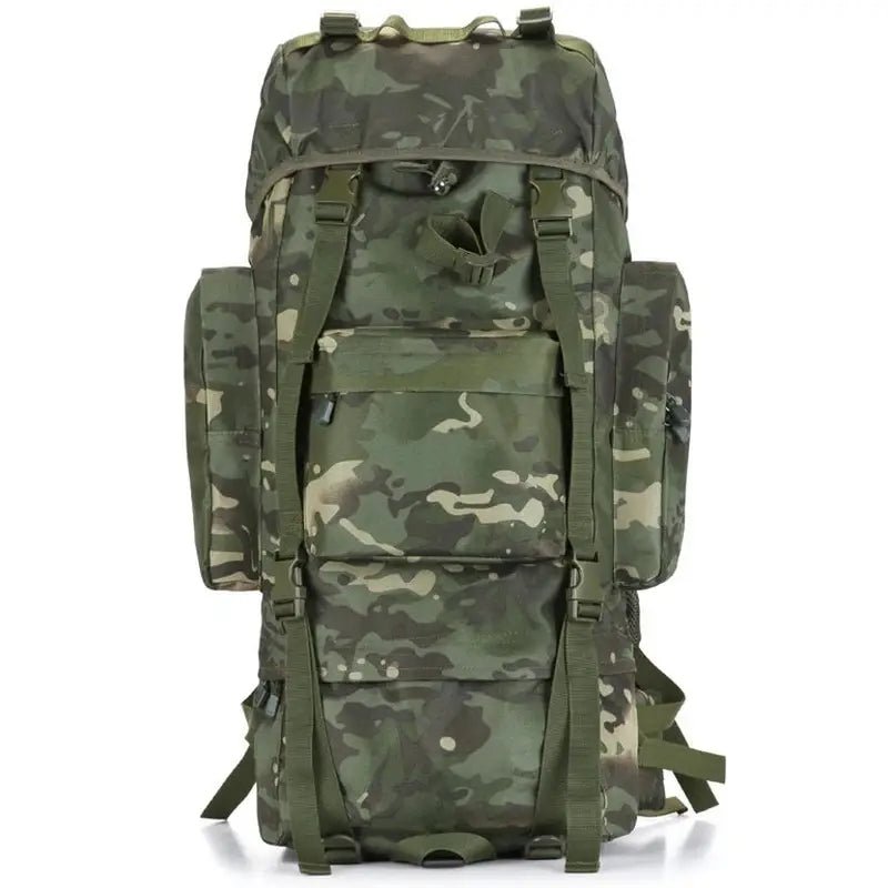 Sac à dos militaire 70l camouflage vert avec multiples compartiments et sangles