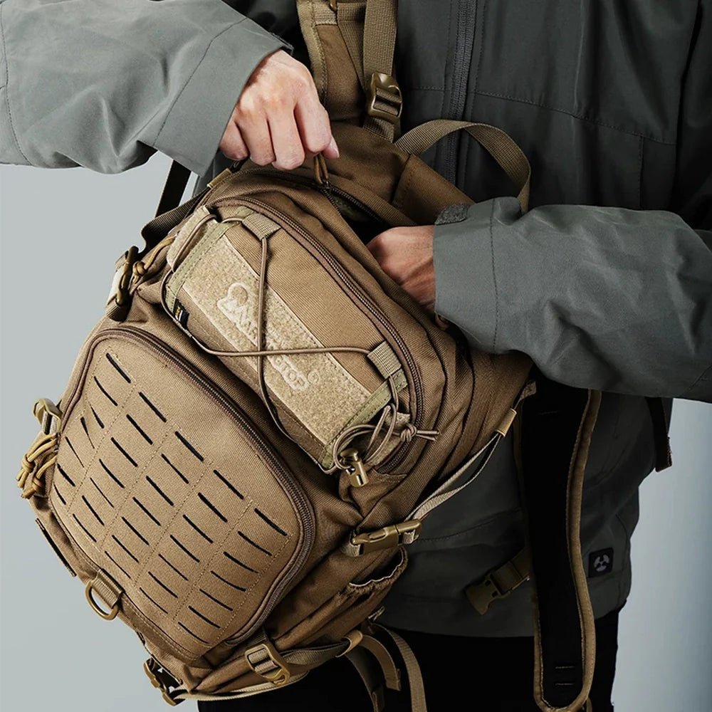 Sac à dos militaire tactique 25L 915D avec sacoche tan, compartiments multiples et molle