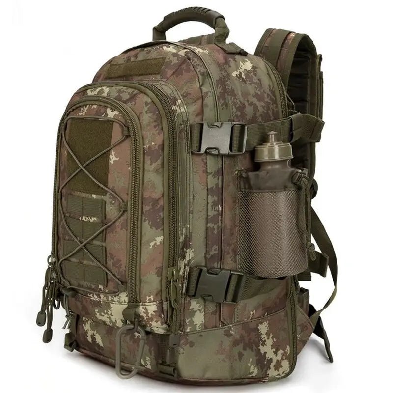 Sac à dos militaire tactique camouflage avec plusieurs compartiments et porte-bouteille