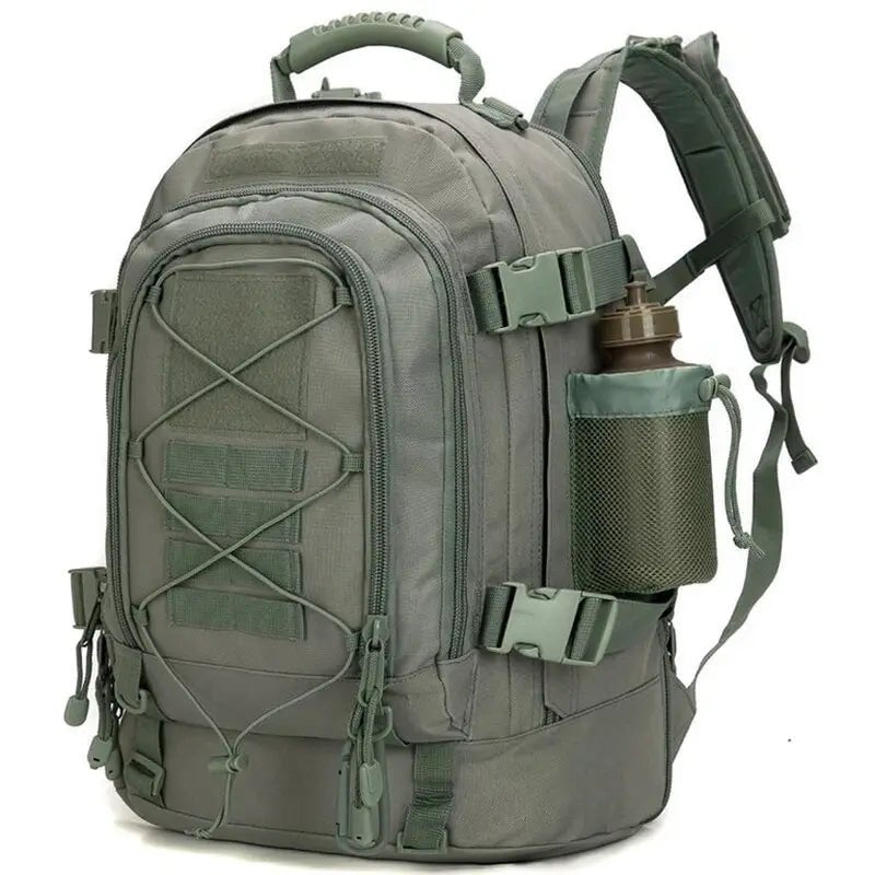 Sac à dos militaire tactique vert olive avec lanières extérieures et porte-bouteille
