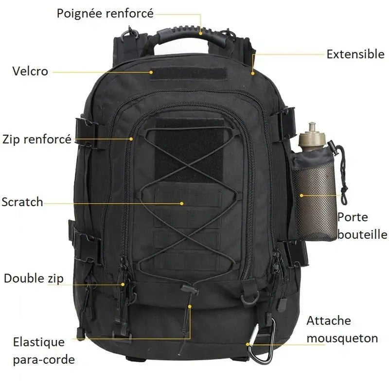Sac à dos militaire tactique noir avec multiples compartiments, renforts et attaches extérieures