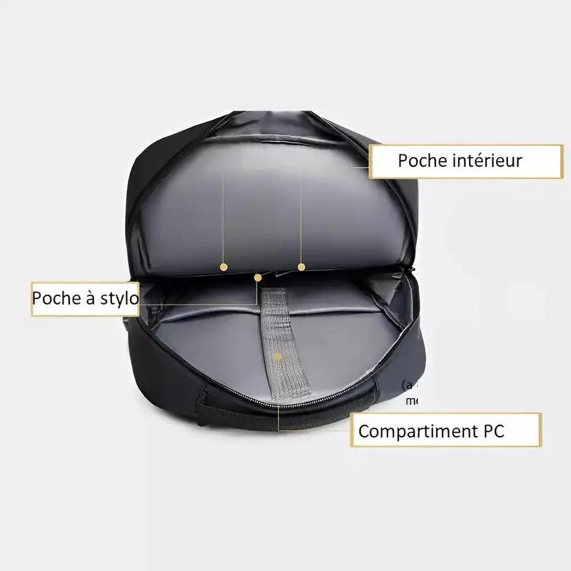 Sac à dos minimaliste pour PC 14 pouces ouvert avec plusieurs compartiments noirs