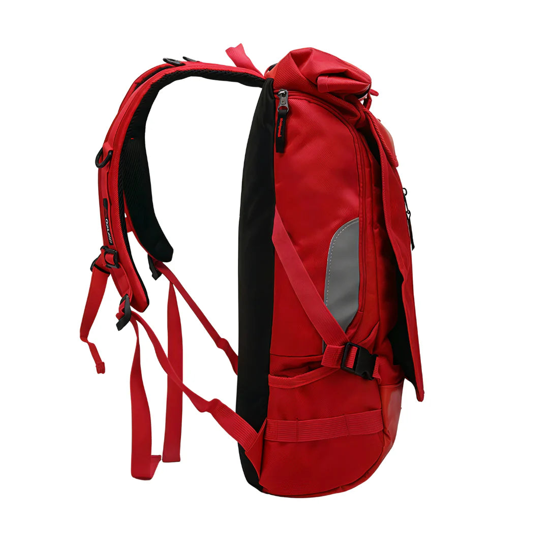 Sac à dos moderne Ozuko rouge et noir avec panneau gris réfléchissant sur le côté