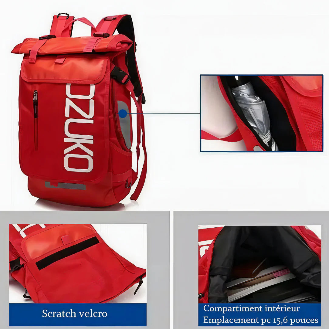 Sac à dos Ozuko roll-top rouge avec accents noirs et bandes réfléchissantes