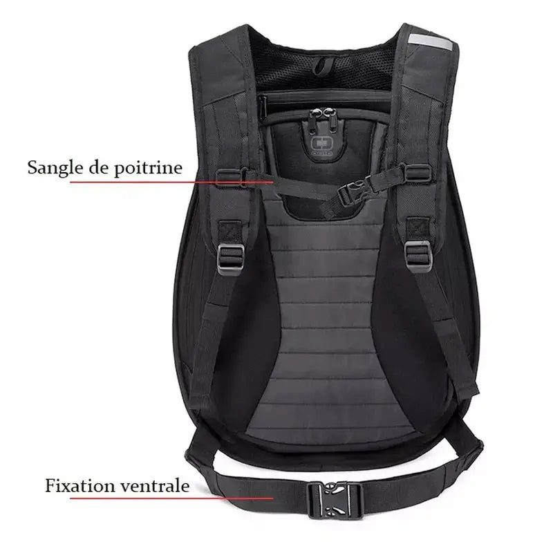 Sac à dos moto à coque noir avec bretelles ajustables pour poitrine et taille