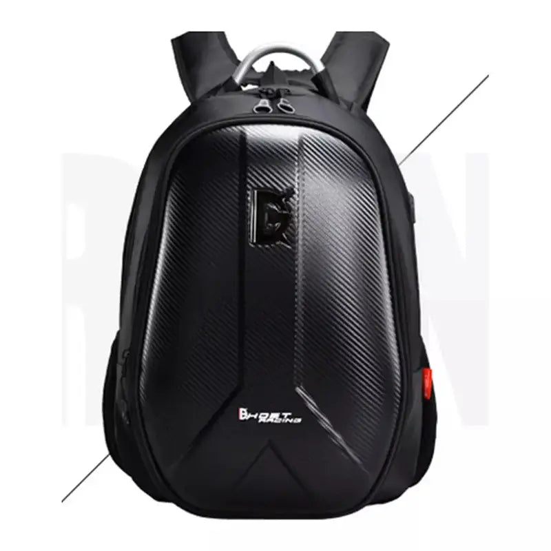 Sac à dos moto rigide noir avec texture en fibre de carbone pour protection et style