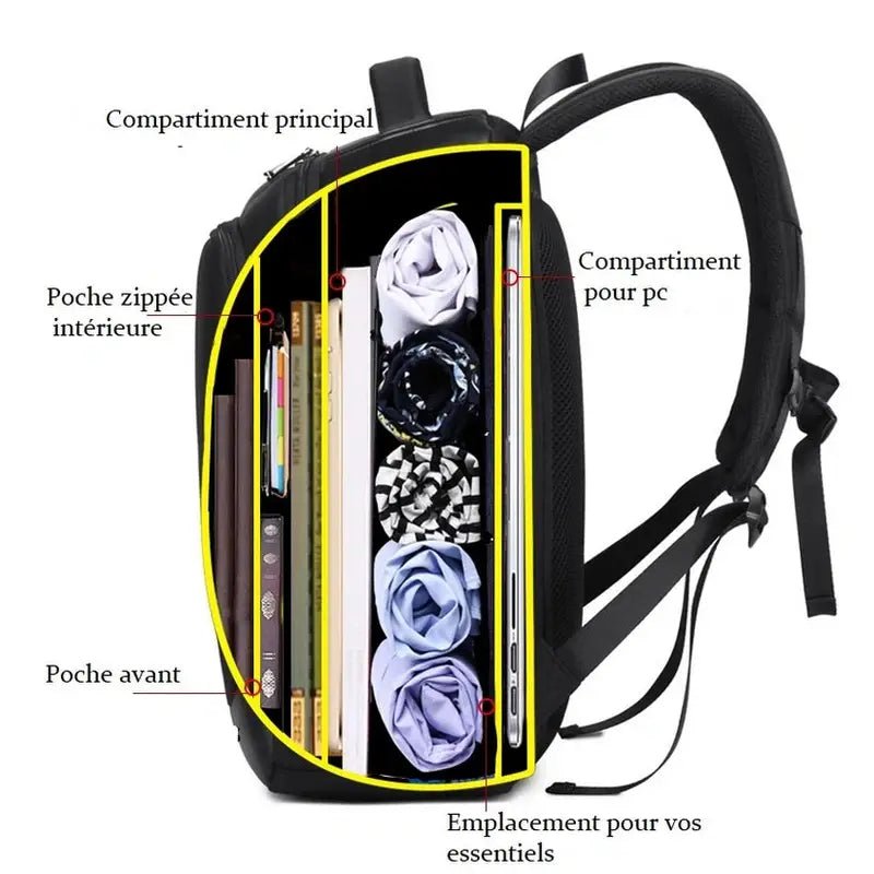 Sac à dos multi compartiments noir avec plusieurs poches pour une organisation optimale