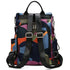 Sac à dos multicolore pour femme avec motif géométrique coloré, bretelles noires et hardware argenté