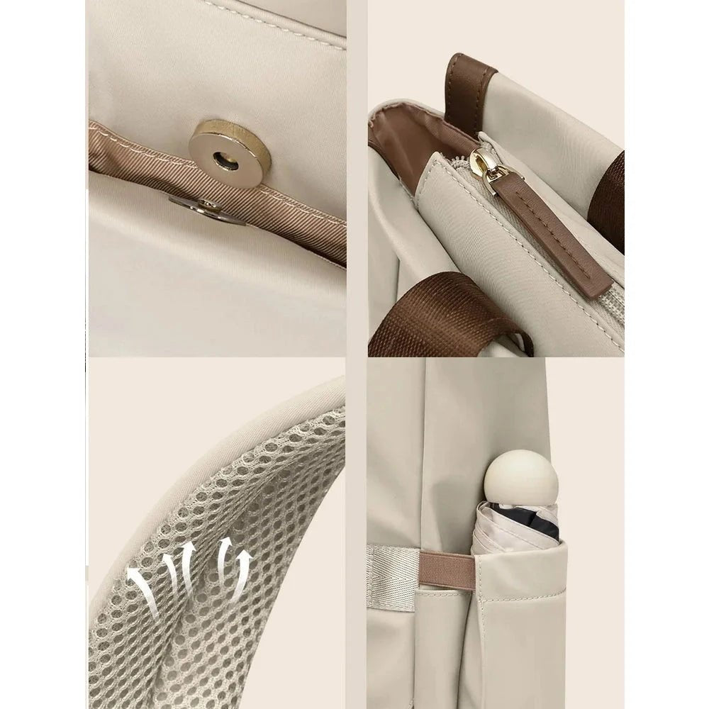 Vue rapprochée du Sac à dos multifonction femme avec fermeture magnétique, poche zippée, sangle en mesh respirant et poche latérale avec parapluie