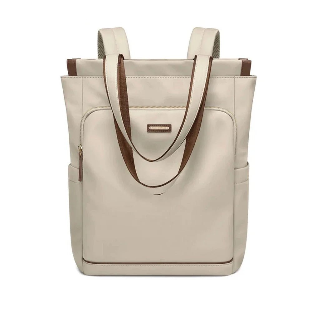 Sac à dos multifonction femme beige avec bretelles marron et fonction sac à dos