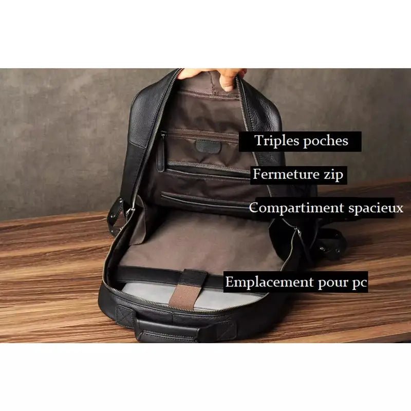 Sac à dos noir cuir véritable avec compartiments, poche pour ordinateur portable et zippés