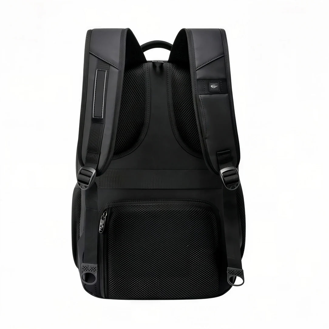 Sac à dos noir en cuir avec poche latérale en maille et sangles réglables