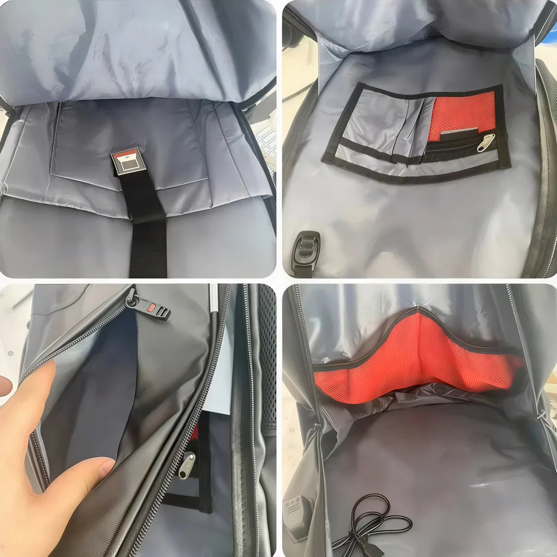 Sac à dos gris avec accents rouges et poches multiples, dont une transparente