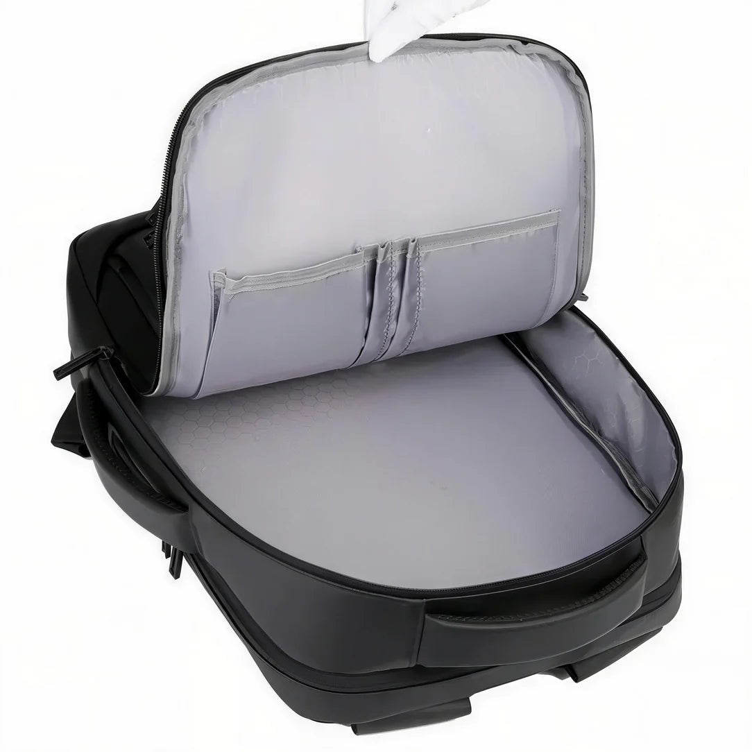 Sac à dos ordinateur 15 pouces 25L ouvert noir avec intérieur gris clair et poches internes