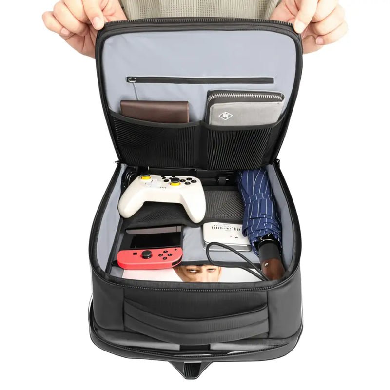 Sac à dos ordinateur 16 pouces City HK noir ouvert avec compartiments et objets personnels