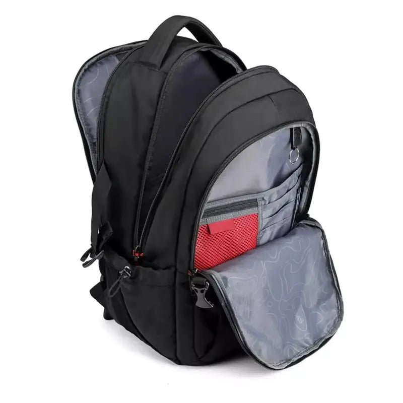 Sac à dos ordinateur étanche noir avec plusieurs compartiments ouverts pour rangement