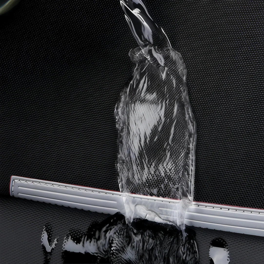 Eau coulant sur une surface noire texturée vers un canal de drainage argenté pour Sac à dos ordinateur extensible 17 pouces