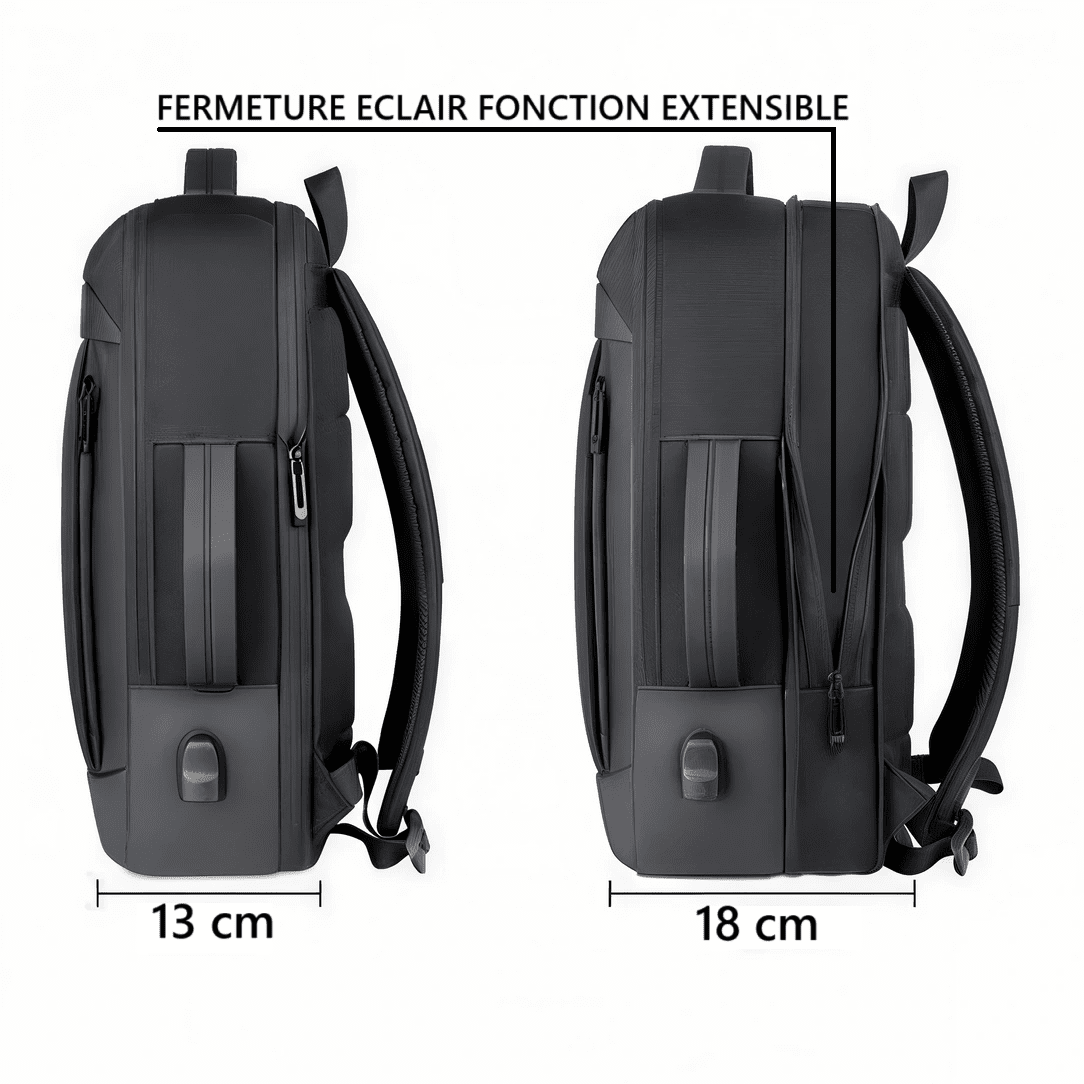 Sac à dos ordinateur extensible 17 pouces noir avec fermeture éclair ajustable