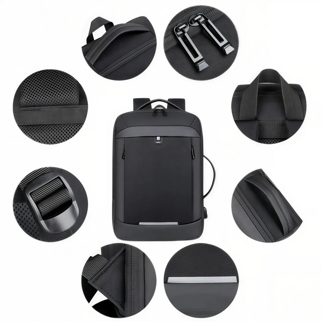 Sac à dos ordinateur extensible noir multifonction avec multiples détails et poches