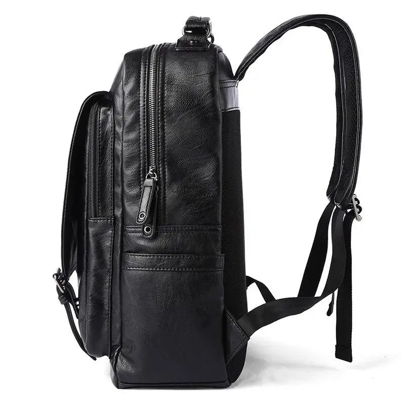 Sac à dos ordinateur homme imitation cuir en cuir noir avec plusieurs compartiments