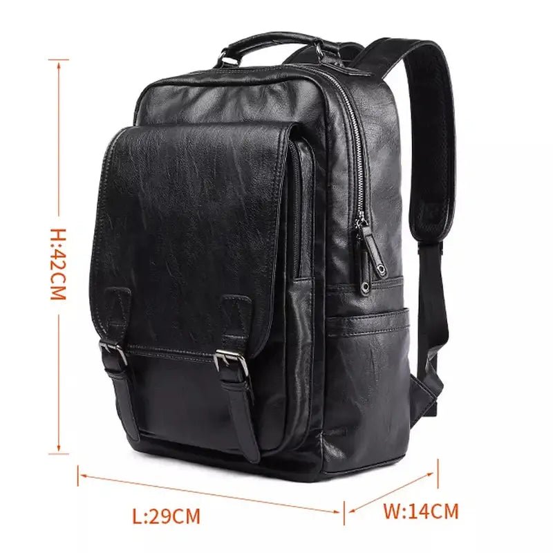 Sac à dos ordinateur homme imitation cuir, noir, avec poche à rabat et bretelles ajustables