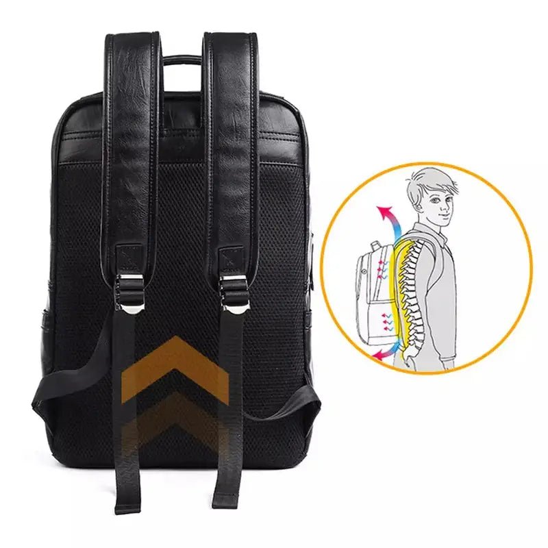 Sac à dos ordinateur homme imitation cuir noir avec bretelles ajustables et soutien dorsal