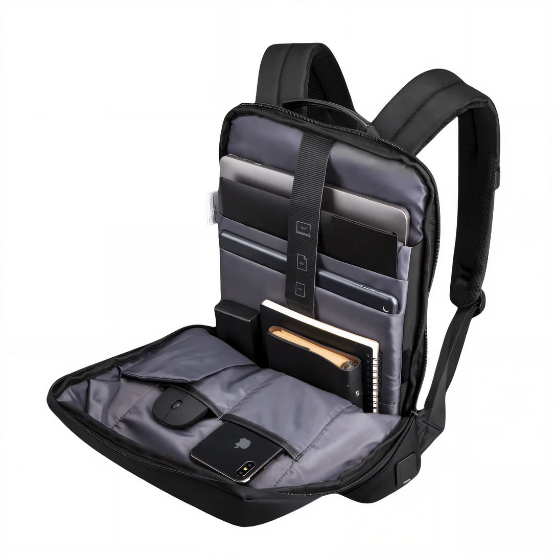 Sac à dos ordinateur portable noir plat étanche avec compartiments gris et sangles rembourrées