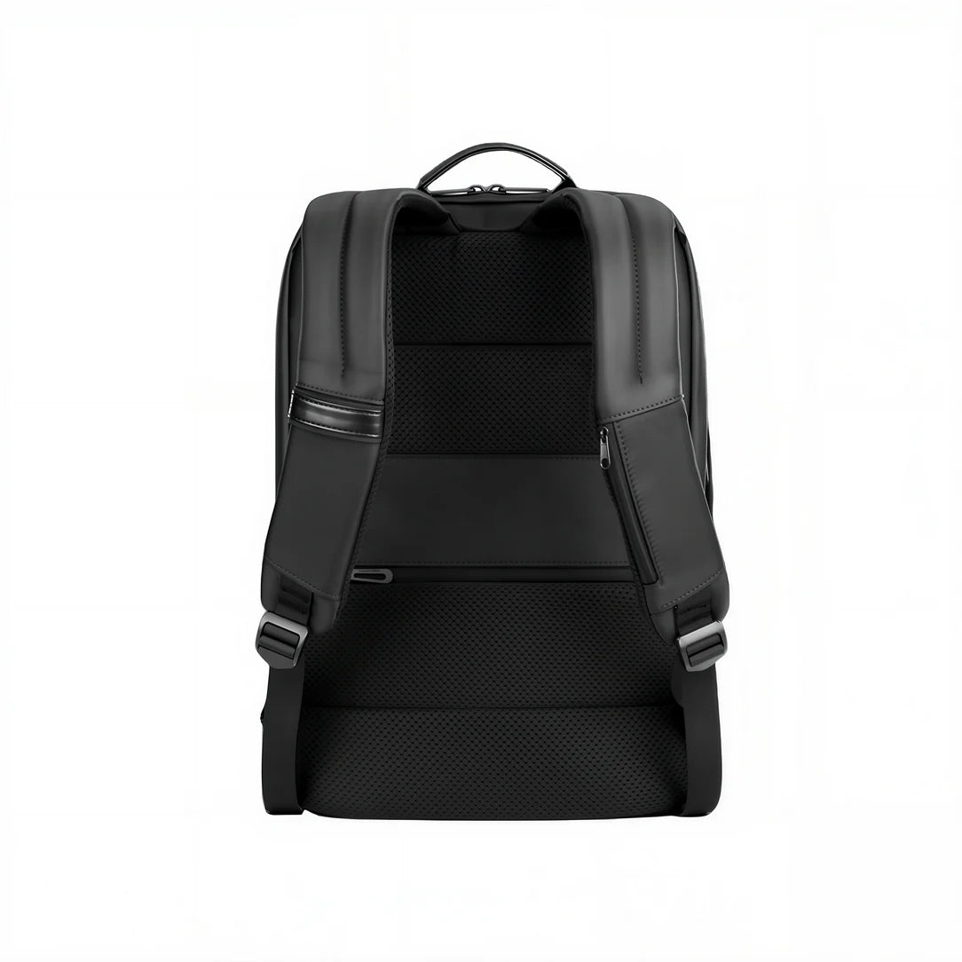 Sac à dos ordinateur portable plat étanche, noir cuir, mesh, sangles ajustables