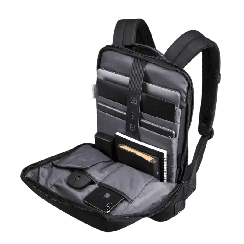 Sac à dos ordinateur portable plat et étanche ouvert avec ordinateur, tablette et accessoires