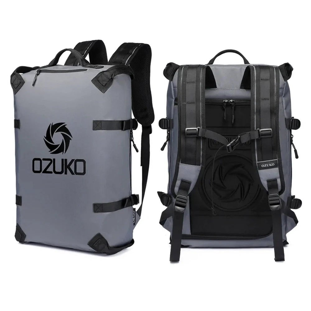 Sac à dos ouverture valise gris imperméable avec bretelles ajustables et compartiments