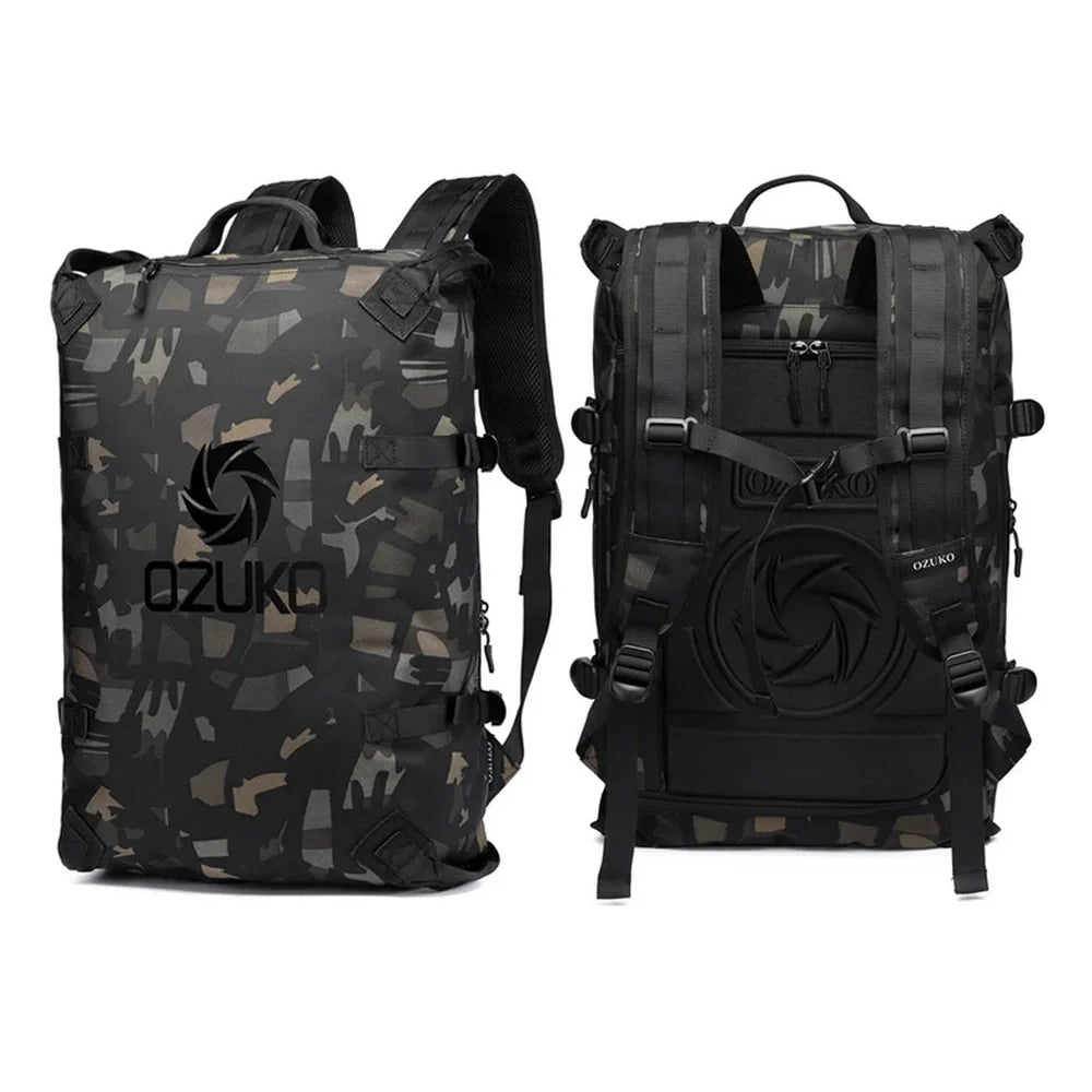 Sac à dos ouverture valise en camouflage noir et gris avec compartiments et sangles réglables