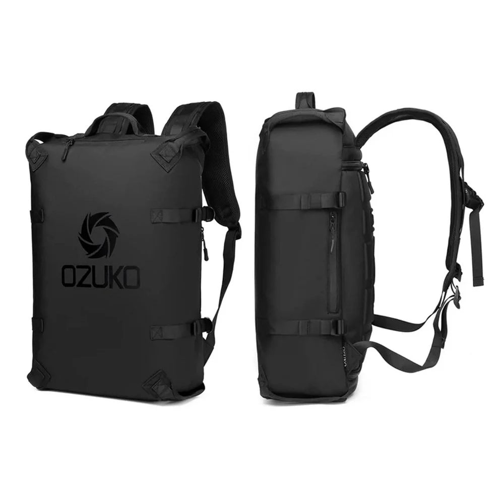 Sac à dos ouverture valise noir étanche avec plusieurs compartiments et bretelles ajustables