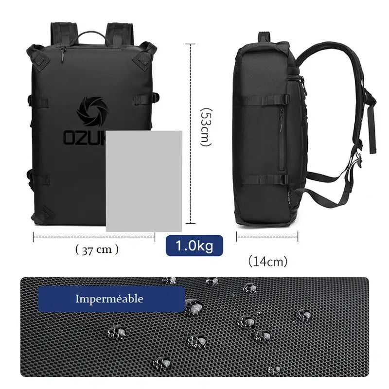 Sac à dos ouverture valise noir avec bretelles réglables, plusieurs compartiments, étanche