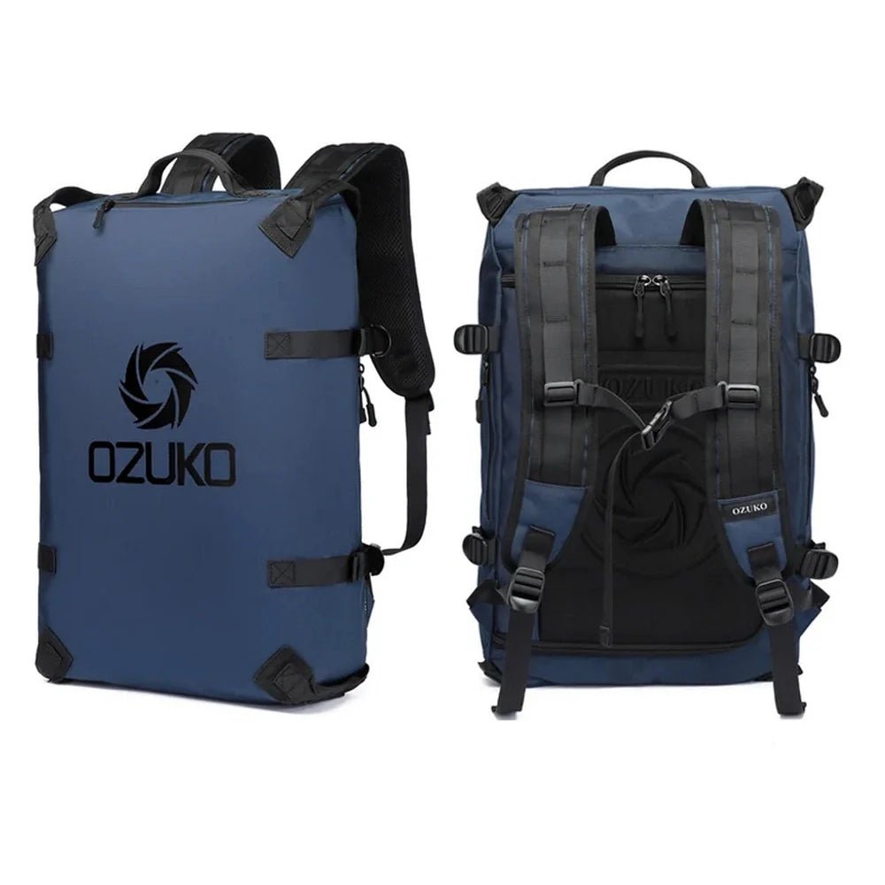 Deux vues du Sac à dos ouverture valise bleu avec bretelles ajustables et plusieurs compartiments