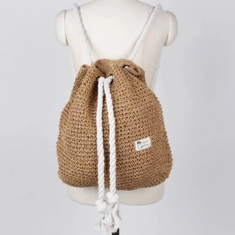Sac à dos paille en paille tissée à la main avec cordons en corde blanche
