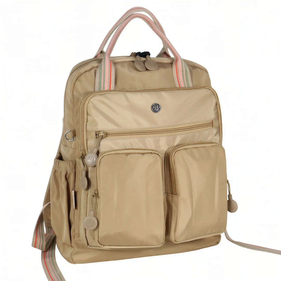 Sac à dos Perle Nacré beige à poches multiples, sangles ajustables et poignée rayée