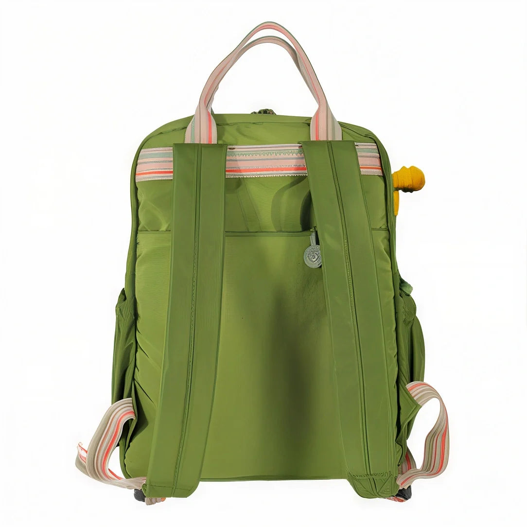 Sac à dos Perle Nacré vert avec poignées rayées et accents jaunes en nylon