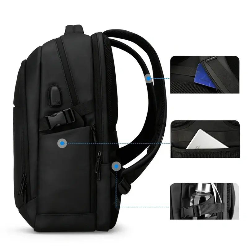 Sac à dos pour étudiant noir avec plusieurs compartiments, port USB et bretelles réglables