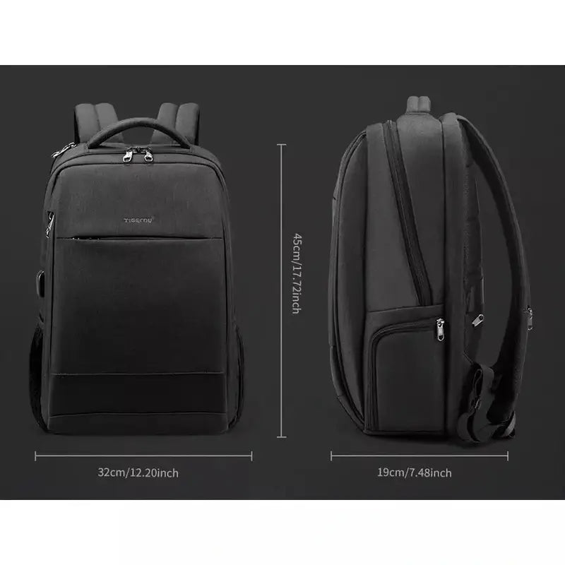 Sac à dos pour ordi portable noir avec dimensions indiquées, idéal pour ordinateur portable