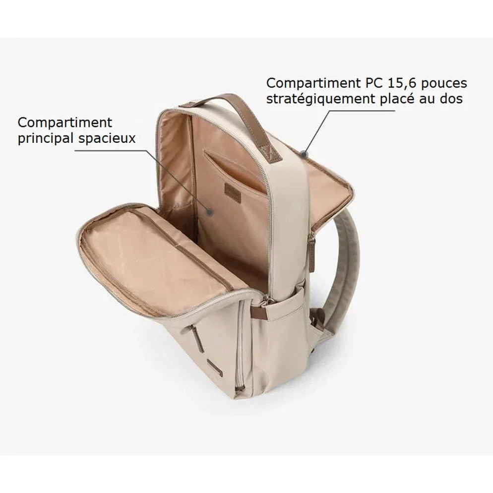 Sac à dos pour ordinateur 15,6 pouces ouvert crème avec plusieurs compartiments